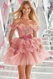 Blush Off the Shoulder Tulle Homecoming Dress with Bow
