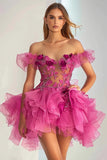 Ruffled Tulle Off the Shoulder Fuchsia Homecoming Dress with Appliques