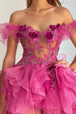 Ruffled Tulle Off the Shoulder Fuchsia Homecoming Dress with Appliques