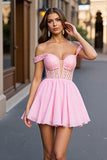 Pink Tulle A Line Corset Beaded Short Homecoming Dress