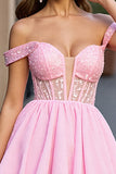 Pink Tulle A Line Corset Beaded Short Homecoming Dress