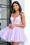 Lilac Tulle Corset A Line Spaghetti Straps Short Homecoming Dress with Appliques