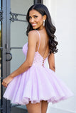 Lilac Tulle Corset A Line Spaghetti Straps Short Homecoming Dress with Appliques