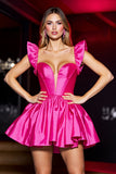 Fuchsia Satin A Line Sweetheart Short Homecoming Dress with Ruffles