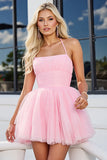 Pink Tulle A Line Ruched Spaghetti Straps Short Homecoming Dress