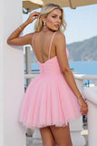 Pink Tulle A Line Ruched Spaghetti Straps Short Homecoming Dress
