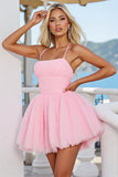 Pink Tulle A Line Ruched Spaghetti Straps Short Homecoming Dress
