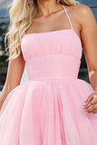 Pink Tulle A Line Ruched Spaghetti Straps Short Homecoming Dress