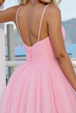 Pink Tulle A Line Ruched Spaghetti Straps Short Homecoming Dress