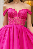 Fuchsia Corset A Line Tulle Off the Shoulder Short Homecoming Dress