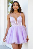 Lilac Tulle Corset Spaghetti Straps A Line Short Homecoming Dress with Appliques