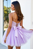 Lilac Tulle Corset Spaghetti Straps A Line Short Homecoming Dress with Appliques