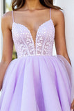 Lilac Tulle Corset Spaghetti Straps A Line Short Homecoming Dress with Appliques
