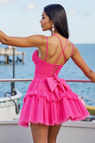 Fuchsia A Line Tulle Ruched Short Homecoming Dress with Ruffles
