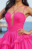 Fuchsia A Line Tulle Ruched Short Homecoming Dress with Ruffles