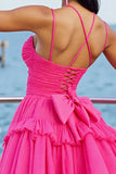Fuchsia A Line Tulle Ruched Short Homecoming Dress with Ruffles
