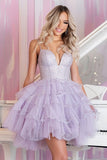 Sparkly Lilac Tulle Tiered Short Homecoming Dress with Ruffles
