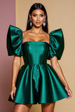 Dark Green Ruffled Sleeve Satin A Line Homecoming Dress