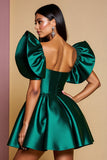 Dark Green Ruffled Sleeve Satin A Line Homecoming Dress