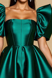 Dark Green Ruffled Sleeve Satin A Line Homecoming Dress