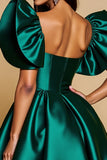Dark Green Ruffled Sleeve Satin A Line Homecoming Dress