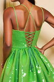 Sparkly Green A Line Sequins Lace Up Back Short Homecoming Dress