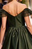 Off The Shoulder Satin Army Green Cocktail Dress