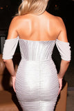 Sparkly Off The Shoulder Silver Ruched Homecoming Dress