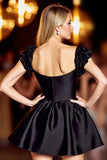 Black A Line Satin Short Homecoming Dress with Ruffles
