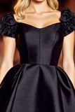 Black A Line Satin Short Homecoming Dress with Ruffles