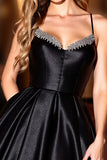 Sparkly Black A Line Satin Spaghetti Straps Short Homecoming Dress