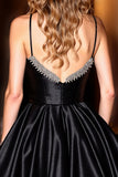Sparkly Black A Line Satin Spaghetti Straps Short Homecoming Dress