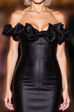 Black Satin Bodycon Off the Shoulder Short Homecoming Dress with Ruffles