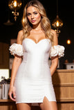 White Bodycon Satin Off the Shoulder Short Homecoming Dress with 3D Flowers