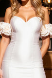 White Bodycon Satin Off the Shoulder Short Homecoming Dress with 3D Flowers