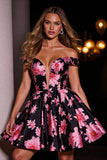 Black Print Floral Satin A Line Short Homecoming Dress