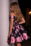 Black Print Floral Satin A Line Short Homecoming Dress