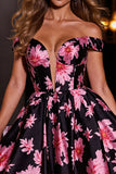 Black Print Floral Satin A Line Short Homecoming Dress