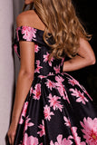 Black Print Floral Satin A Line Short Homecoming Dress
