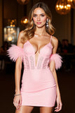 Pink Cold Shoulder Bodycon Homecoming Dress With Feathers
