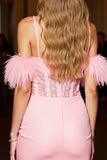 Pink Cold Shoulder Bodycon Homecoming Dress With Feathers