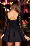 Black Sparkly Corset Long Sleeve A Line Homecoming Dress With Appliques