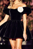 Black Off The Shoulder A Line Homecoming Dress with 3D Flower