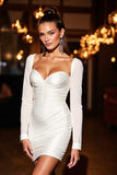 White Ruched Bodycon Short Homecoming Dress with Bow