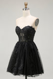 Black A Line Sweetheart Appliqued Sheer Corset Short Homecoming Dress