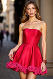 A Line Strapless Short Red Homecoming Dress With 3D Flowers