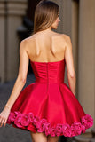 A Line Strapless Short Red Homecoming Dress With 3D Flowers