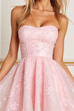 A Line Appliqued Strapless Pink Homecoming Dress