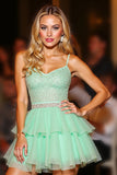 Sparkly Green Tiered Tulle Short Homecoming Dress with Ruffles