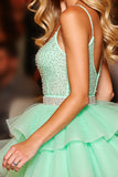 Sparkly Green Tiered Tulle Short Homecoming Dress with Ruffles